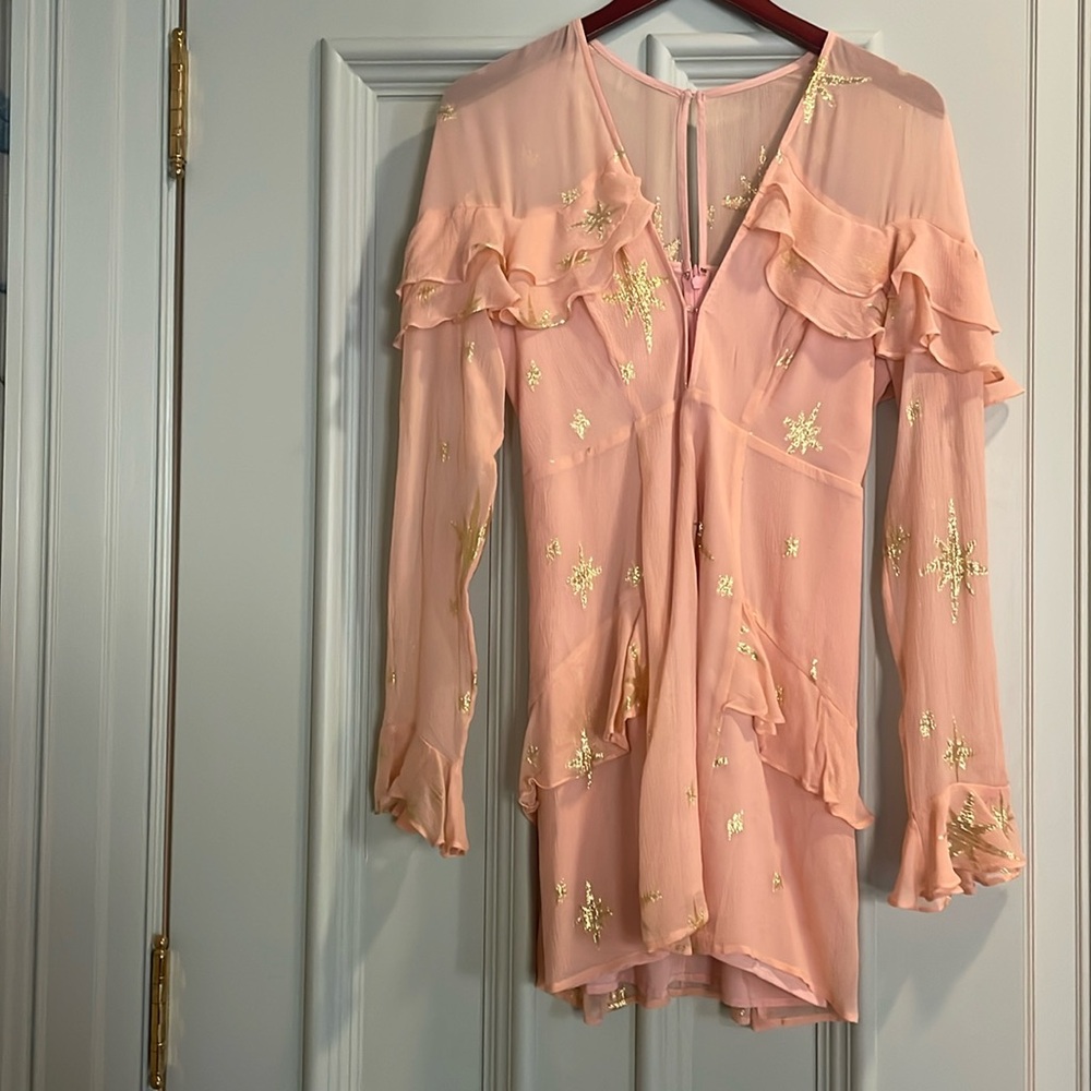 For Love and Lemons Long Sleeve Pink Mini Dress with Gold Stars, Size M